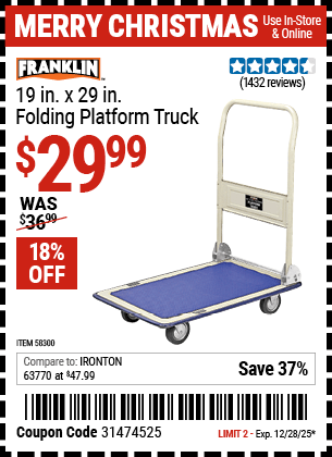 Harbor Freight Coupons, HF Coupons, 20% off - FRANKLIN 19 in. x 29 in. Folding Platform Truck for $34.99
