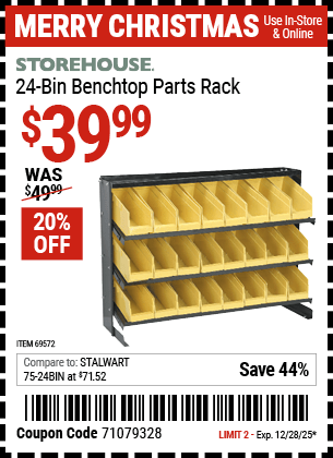 Harbor Freight Coupons, HF Coupons, 20% off - 24 Bin Bench Top Parts Rack