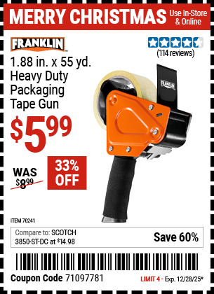 Harbor Freight Coupons, HF Coupons, 20% off - FRANKLIN 1.88 in. x 55 yd. Heavy Duty Packaging Tape Gun 