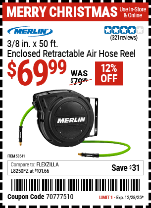 Harbor Freight Coupons, HF Coupons, 20% off - MERLIN 3/8 in. x 50 ft. Enclosed Retractable Air Hose Reel for $69.99