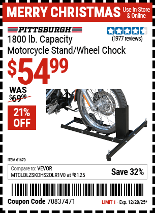Harbor Freight Coupons, HF Coupons, 20% off - Motorcycle Stand/wheel Chock