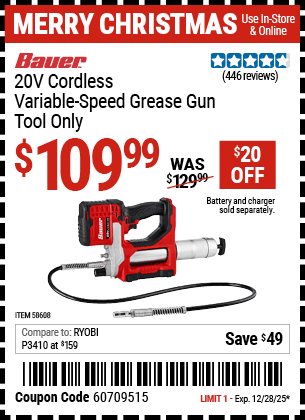 Harbor Freight Coupons, HF Coupons, 20% off - BAUER 20V Cordless Variable-Speed Grease Gun � Tool Only for $99.99
