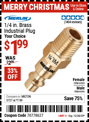 Harbor Freight Coupons, HF Coupons, 20% off - MERLIN 1/4 in. Brass Industrial Plug for $1.94