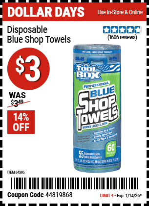 Harbor Freight Coupons, HF Coupons, 20% off - Disposable Blue Shop Towels