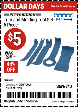 Harbor Freight Coupons, HF Coupons, 20% off - 5 Piece Trim And Molding Tool Set
