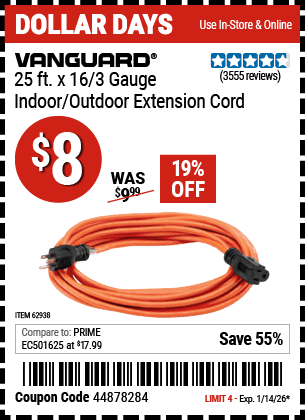 Harbor Freight Coupons, HF Coupons, 20% off - 25 ft. x 16 Gauge Indoor/Outdoor Extension Cord