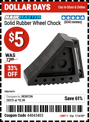 Harbor Freight Coupons, HF Coupons, 20% off - Solid Rubber Wheel Chock