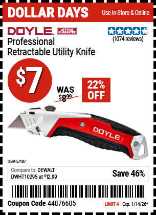 Harbor Freight Coupons, HF Coupons, 20% off - DOYLE Professional Retractable Utility Knife 