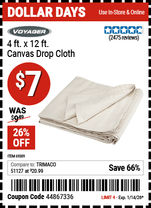 Harbor Freight Coupons, HF Coupons, 20% off - 4 Ft. X 12 Ft. Canvas Drop Cloth
