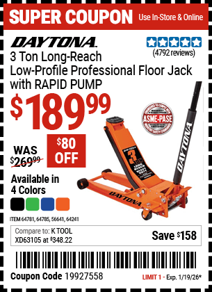 Harbor Freight Coupons, HF Coupons, 20% off - DAYTONA 3 Ton Long Reach Low Profile Professional Rapid Pump Floor Jack for $169.99