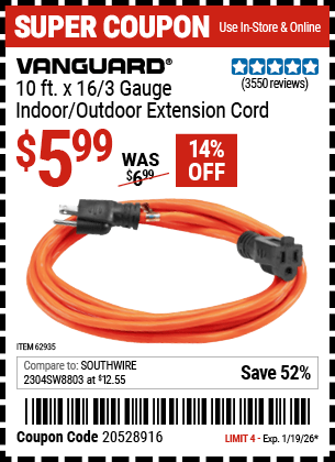 Harbor Freight Coupons, HF Coupons, 20% off - 10ft.x16 Gauge Indoor/outdoor Extension Cord