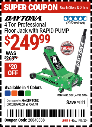 Harbor Freight Coupons, HF Coupons, 20% off - Rapid Pump 4 Ton Steel Professional Duty Floor Jacks