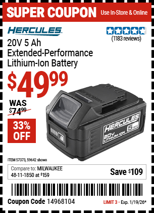 Harbor Freight Coupons, HF Coupons, 20% off - Buy Two HERCULES 20V 5.0 Ah Batteries and a 4 Amp Charger, GET A FREE TOOL