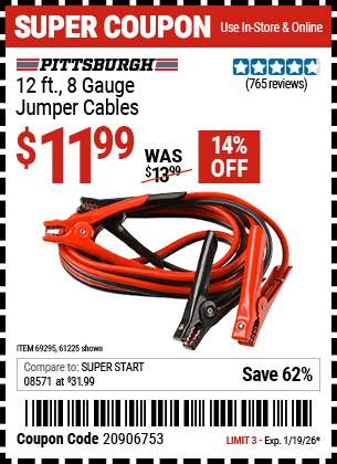 Harbor Freight Coupons, HF Coupons, 20% off - 12 Ft., 8 Gauge Heavy Duty Booster Cables