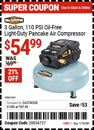 Harbor Freight Coupons, HF Coupons, 20% off - 3 Gallon 1/3 HP 110 PSI Oil-Free Pancake Air Compressor