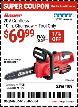 Harbor Freight Coupons, HF Coupons, 20% off - Bauer 20 Volt Lithium Cordless 10