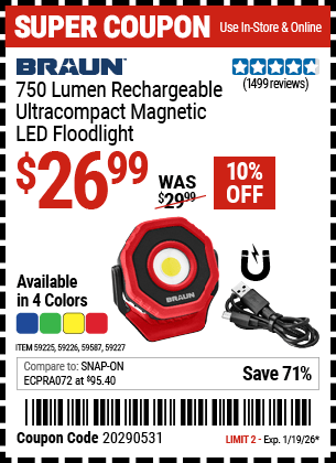 Harbor Freight Coupons, HF Coupons, 20% off - BRAUN 750 Lumen Rechargeable Ultracompact Magnetic LED Floodlight for $23.99