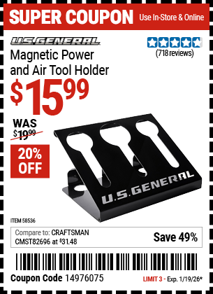 Harbor Freight Coupons, HF Coupons, 20% off - U.S. GENERAL Magnetic Power and Air Tool Holder for $14.99