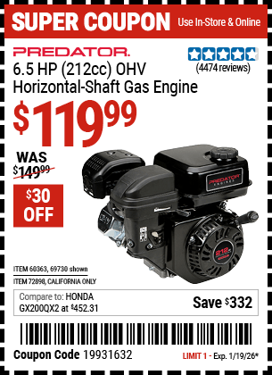 Harbor Freight Coupons, HF Coupons, 20% off - 6.5 Hp (212 Cc) Ohv Horizontal Shaft Gas Engines
