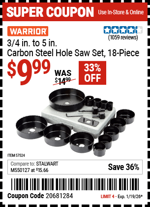 Harbor Freight Coupons, HF Coupons, 20% off - 3/4 in. - 5 in. Carbon Steel Hole Saw Set, 18 Pc.