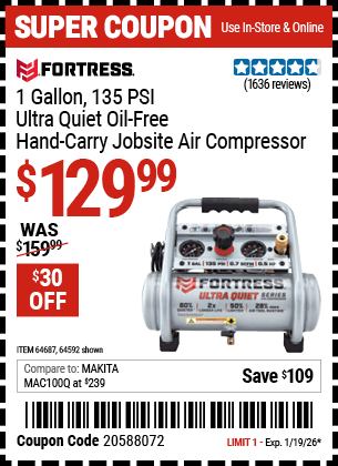 Harbor Freight Coupons, HF Coupons, 20% off - Fortress 1 Gallon, .5hp, 135 Psi Oil Free Portable Air Compressor