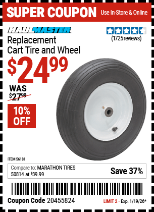 Harbor Freight Coupons, HF Coupons, 20% off - HAUL-MASTER Replacement Cart Tire and Wheel for $17.99