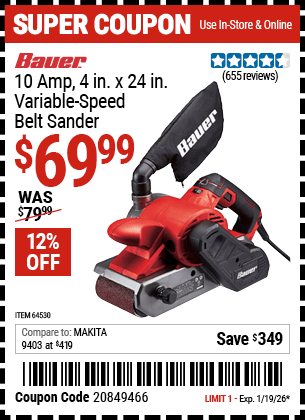 Harbor Freight Coupons, HF Coupons, 20% off - 10 Amp 4 in. x 24 in. Variable Speed Belt Sander