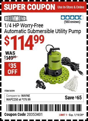 Harbor Freight Coupons, HF Coupons, 20% off - DRUMMOND 1/4 HP Worry-Free Automatic Submersible Utility Pump for $99.99