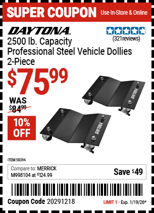 Harbor Freight Coupons, HF Coupons, 20% off - DAYTONA 2500 lb. Capacity Professional Steel Vehicle Dollies, 2-Piece for $69.99