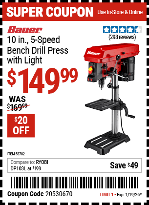 Harbor Freight Coupons, HF Coupons, 20% off - BAUER 10 in., 5-Speed Bench Drill Press with Light for $139.99