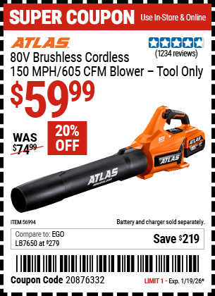 Harbor Freight Coupons, HF Coupons, 20% off - 80v Lithium-Ion Brushless Blower