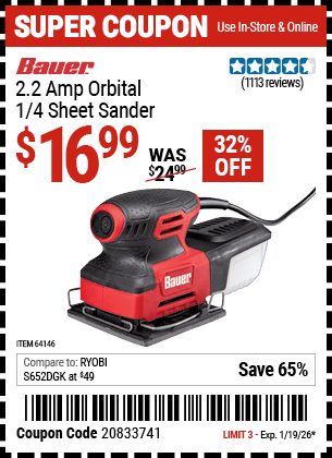 Harbor Freight Coupons, HF Coupons, 20% off - 2.2 Amp 1/4 Sheet Heavy Duty Palm Finishing Sander