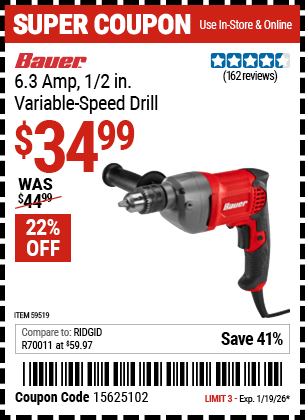 Harbor Freight Coupons, HF Coupons, 20% off - BAUER 6.3 Amp, 1/2 in. Variable-Speed Drill for $24.99