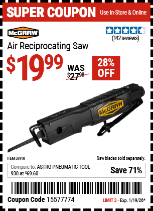 Harbor Freight Coupons, HF Coupons, 20% off - MCGRAW Air Reciprocating Saw for $19.99