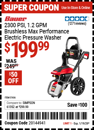 Harbor Freight Coupons, HF Coupons, 20% off - 2300 PSI 1.2 GPM Brushless Max Performance Electric Pressure Washer