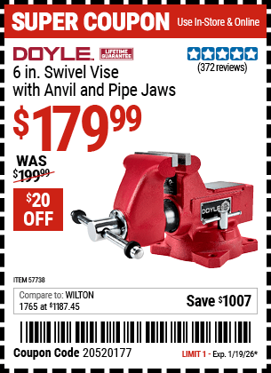 Harbor Freight Coupons, HF Coupons, 20% off - DOYLE 6 in. Swivel Vise with Anvil and Pipe Jaws for $199.99