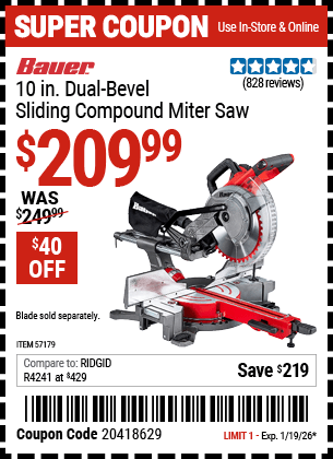 Harbor Freight Coupons, HF Coupons, 20% off - BAUER 10 in. Dual-Bevel Sliding Compound Miter Saw 