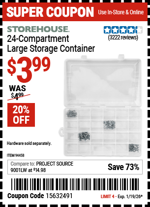 Harbor Freight Coupons, HF Coupons, 20% off - 24 Compartment Large Storage Container