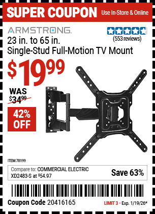 Harbor Freight Coupons, HF Coupons, 20% off - ARMSTRONG 23 in. to 65 in. Single-Stud Full-Motion TV Mount for $29.99