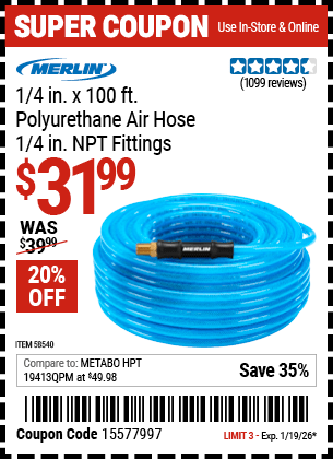 Harbor Freight Coupons, HF Coupons, 20% off - MERLIN 1/4 in. x 100 ft. Polyurethane Air Hose 