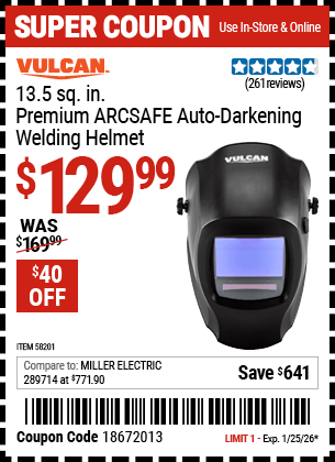 Harbor Freight Coupons, HF Coupons, 20% off - VULCAN Premium ARCSAFE Auto-Darkening Welding Helmet for $149.99