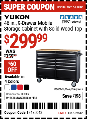 Harbor Freight Coupons, HF Coupons, 20% off - YUKON 46 in., 9-Drawer Mobile Storage Cabinet With Solid Wood Top for $299.99