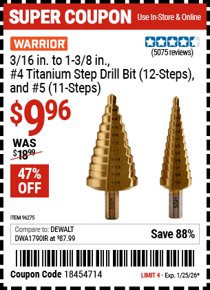 Harbor Freight Coupons, HF Coupons, 20% off - 2 Piece Titanium Nitride Coated High Speed Steel Step Drill Bits