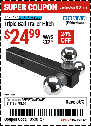 Harbor Freight Coupons, HF Coupons, 20% off - Haul Master Triple Ball Hitch