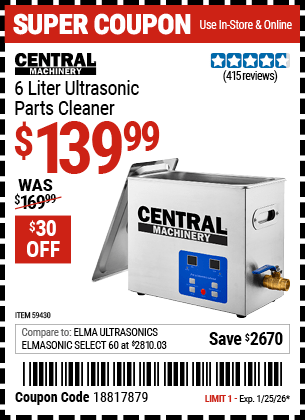 Harbor Freight Coupons, HF Coupons, 20% off - CENTRAL MACHINERY 6 Liter Ultrasonic Parts Cleaner 