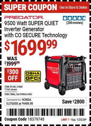 Harbor Freight Coupons, HF Coupons, 20% off - PREDATOR 9500 Watt SUPER QUIET Inverter Generator with CO SECURE Technology 
