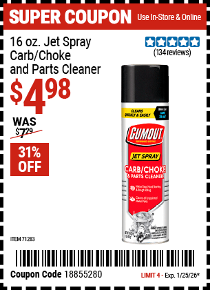 Harbor Freight Coupons, HF Coupons, 20% off - GUMOUT 16 oz. Jet Spray Carb/Choke and Parts Cleaner for $5