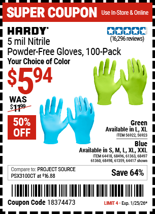 Harbor Freight Coupons, HF Coupons, 20% off - HARDY 5 Mil Nitrile Powder-Free Gloves 100 Pc for $5.99