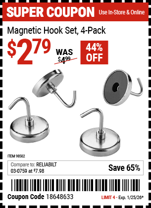 Harbor Freight Coupons, HF Coupons, 20% off - 4 Piece Magnetic Hook Set