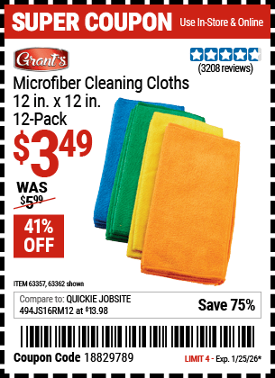 Harbor Freight Coupons, HF Coupons, 20% off - Microfiber Cleaning Cloths Pack Of 12